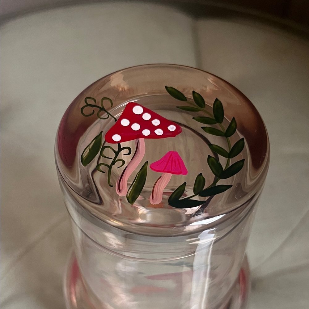Mushroom and Botanical Hand Painted Glass Carafe Set Cottagecore Boho Retro - Picture 2 of 8